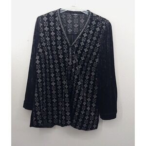 Andree by‎ Unit Velvet Top Womens 2X Black Embroidered Tunic V Neck Flowy Velour